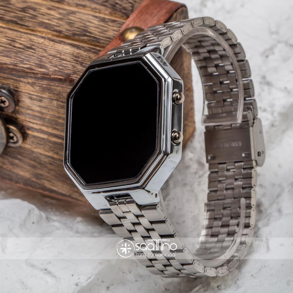 SPECTURM! Silver Gümüş Renk Dijital Led Watch Çelik Kordonlu Detay Kasa Kol Saati ST-303425